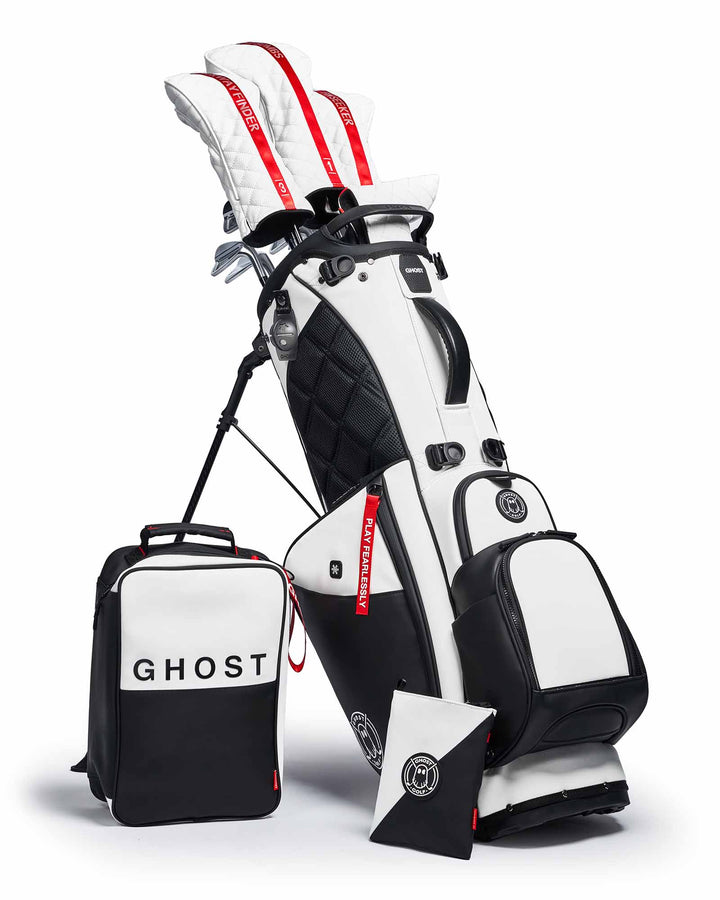 Ghost Golf OREO Black and White Leather Golf Bag with Red Tags. Golf Clubs with White and Red Stripe HEad Covers. Black and White Shoe Bag and Pouch.