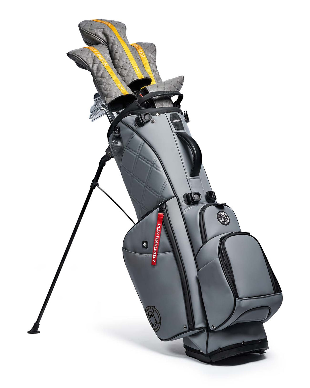Ghost Golf Maverick Grey Golf Bag with Red Tags and Golf Clubs with Grey Head Covers