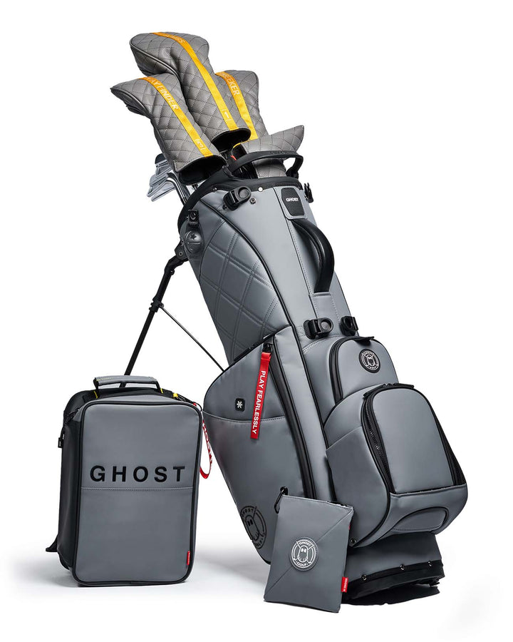 Ghost Golf Maverick Grey Golf Bag with Red Tags and Golf Clubs with Grey Head Covers and Grey Shoe bag and Pouch