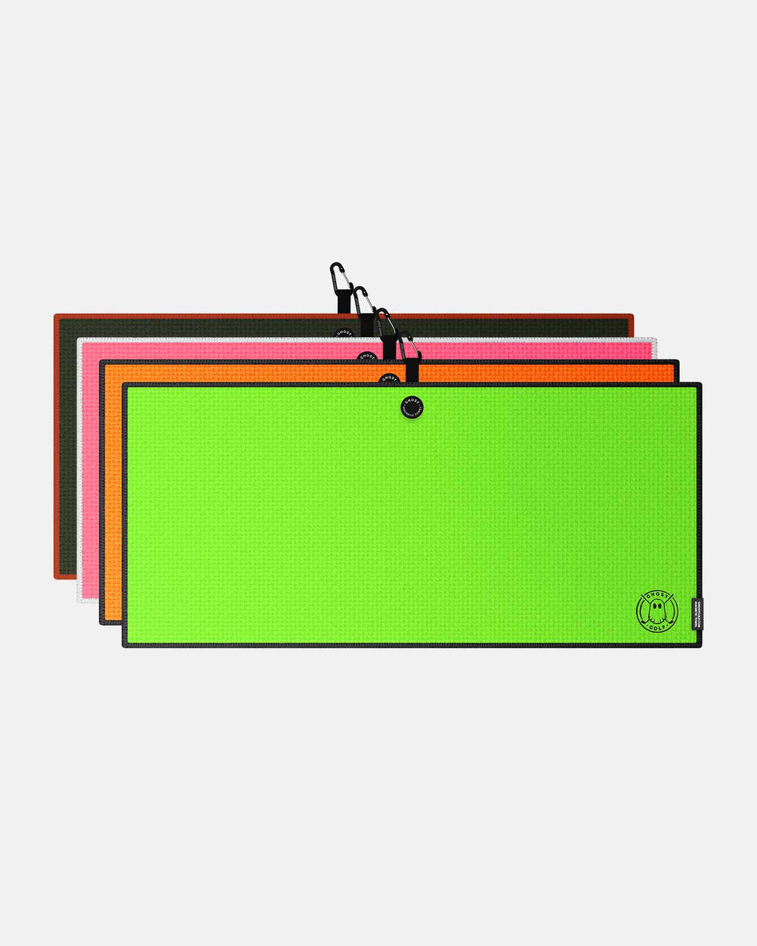 Caddie Size Towel 4 Pack. Hot Pink, Neon Green, Orange and Rifle GreenTowels Magnet Patch and Carabiner.