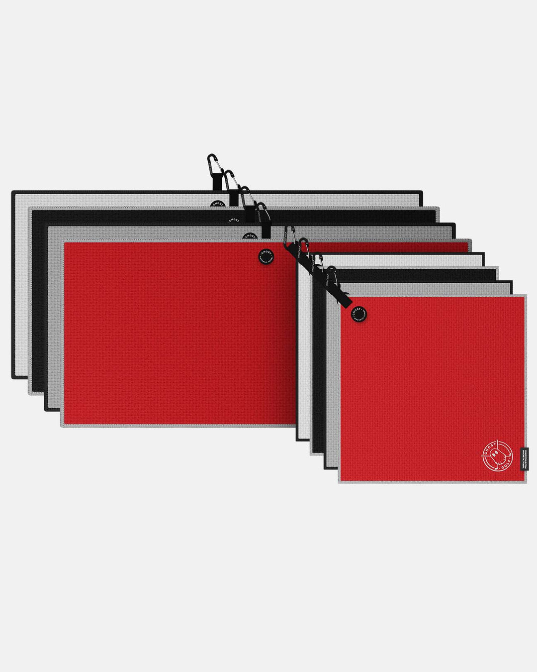 8 Pack towels 4 Caddie and 4 Greenside. White, Red, Black and Light Grey Towels Magnet Patch and Carabiner.