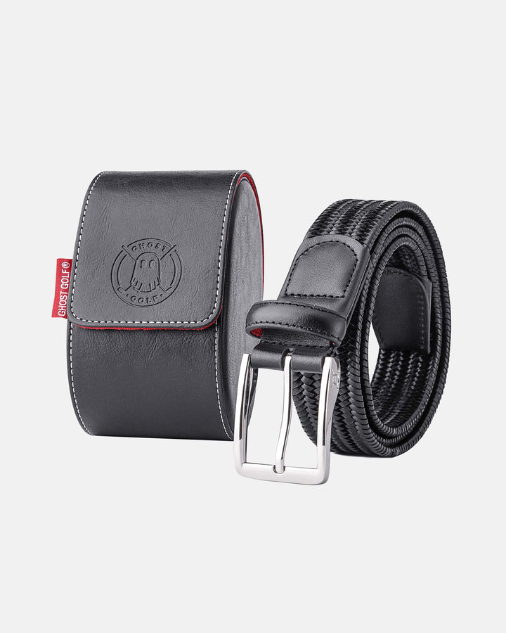 Black Regenerated Italian Leather Belt with Custom Steel Buckle and Black Belt Case