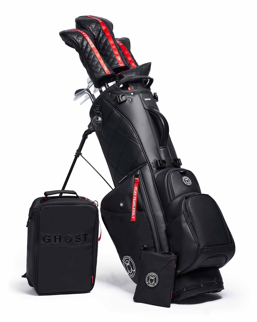 Ghost Golf Katana Black Leather Golf Bag with Red Tags. With Golf Clubs and Head Covers and Black Shoe Bag and Pouch