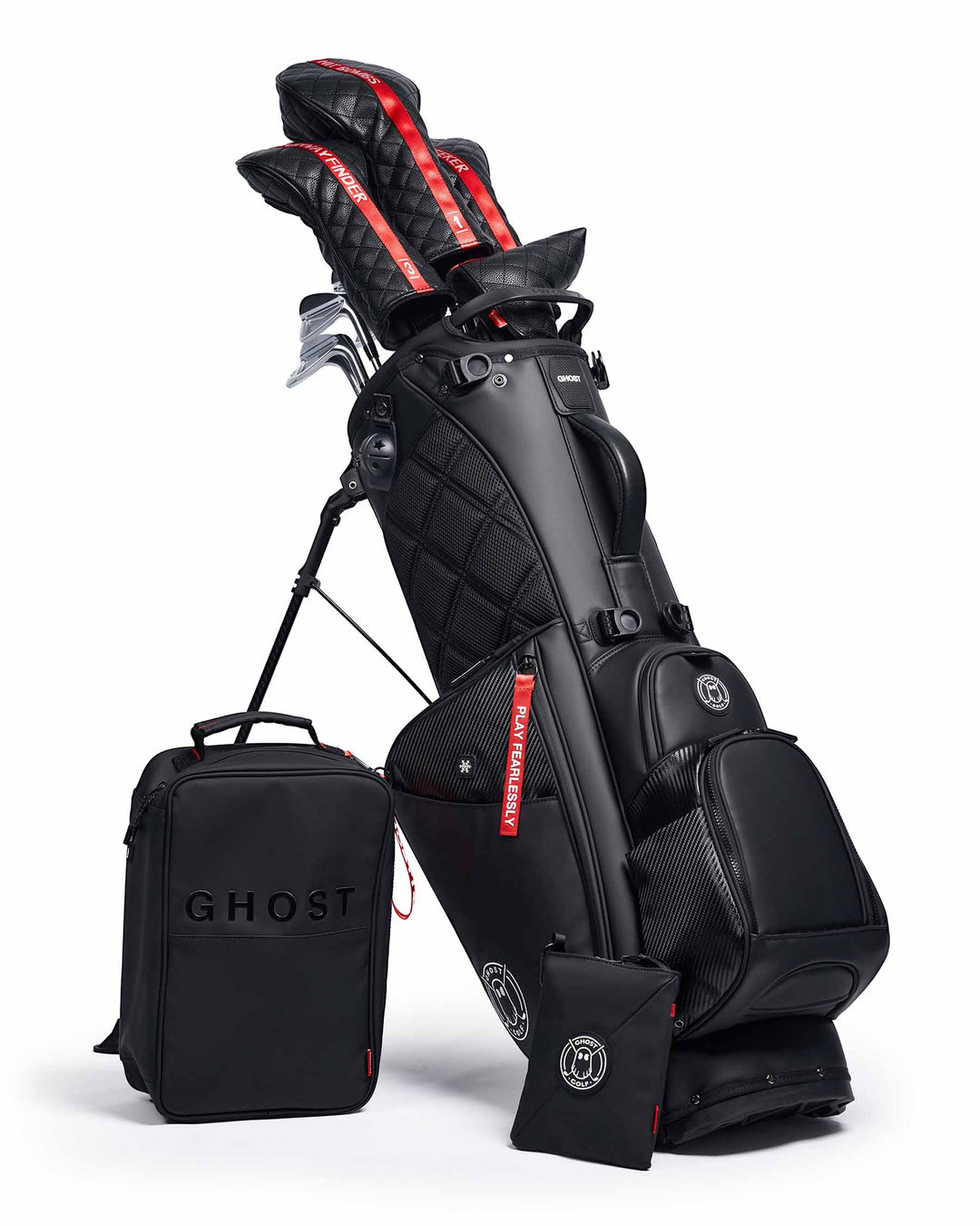 RONIN Black and Carbon Fiber Accents Golf Bag with Red Tags. Golf CLubs with Black and Red Stripe Head Covers.  Black Shoe Bag and Pouch