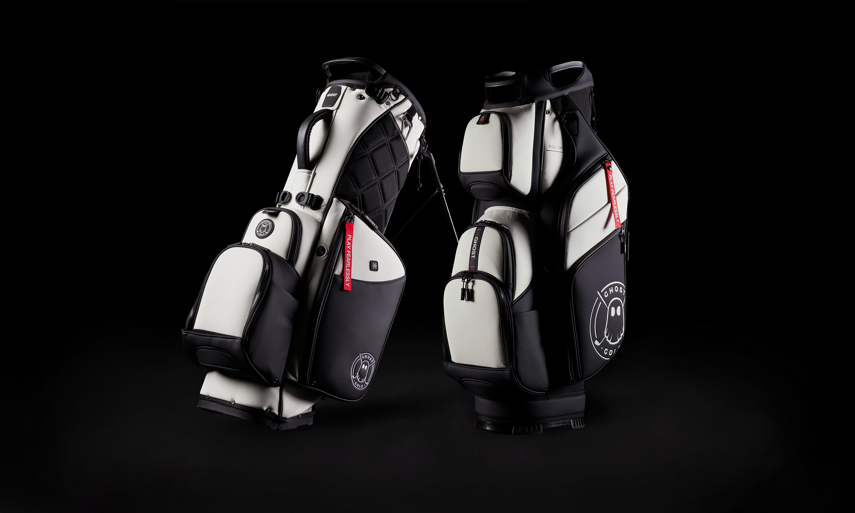 White and Black Golf Bags. Stand and Cart.