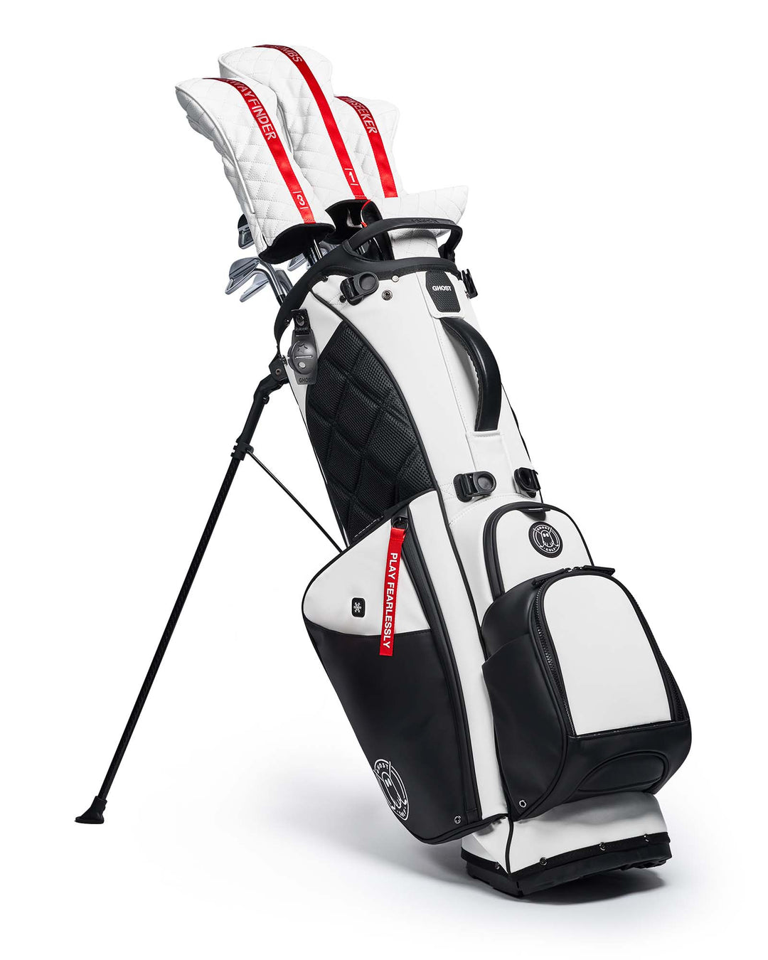 Ghost Golf OREO Black and White Leather Golf Bag with Red Tags. Golf Clubs with White and Red Stripe HEad Covers.