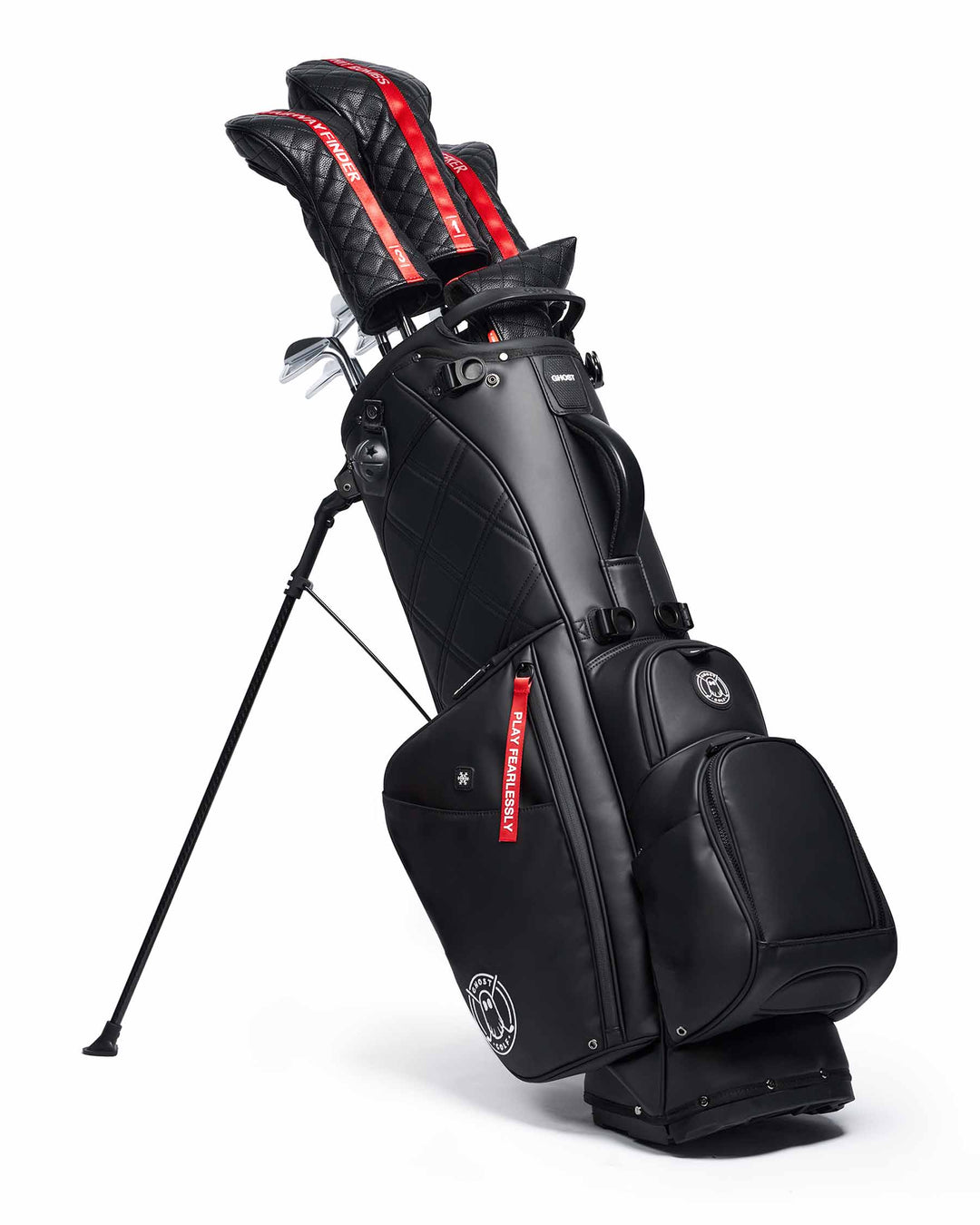 Ghost Golf Katana Black Leather Golf Bag with Red Tags. With Golf Clubs and Head Covers