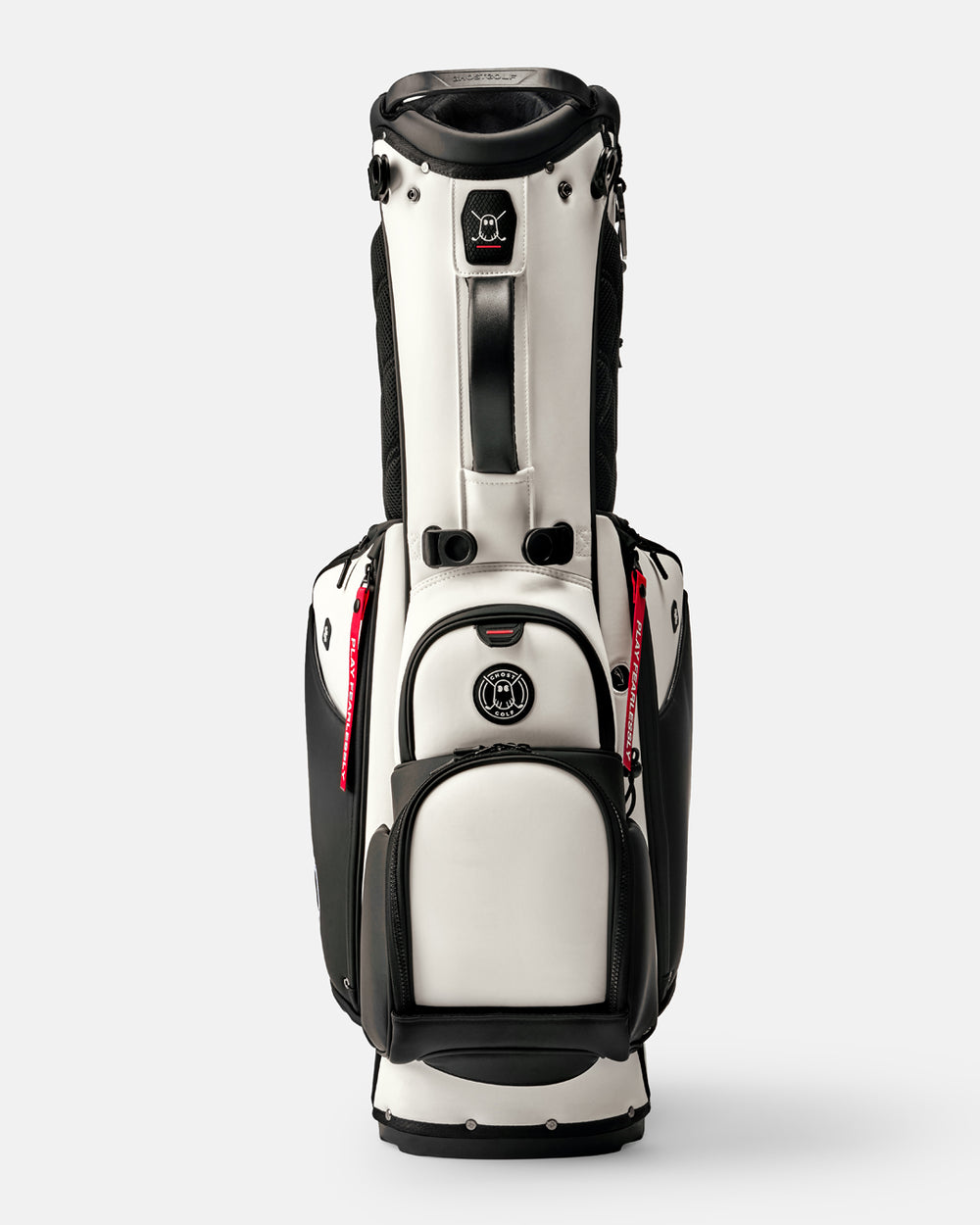 GHOSTGOLF Anyday Oreo golf bag in white and black, shown at a front angle with zippered pockets, an emblem Ghost Golf logo, and a red “Play Fearlessly” tag.