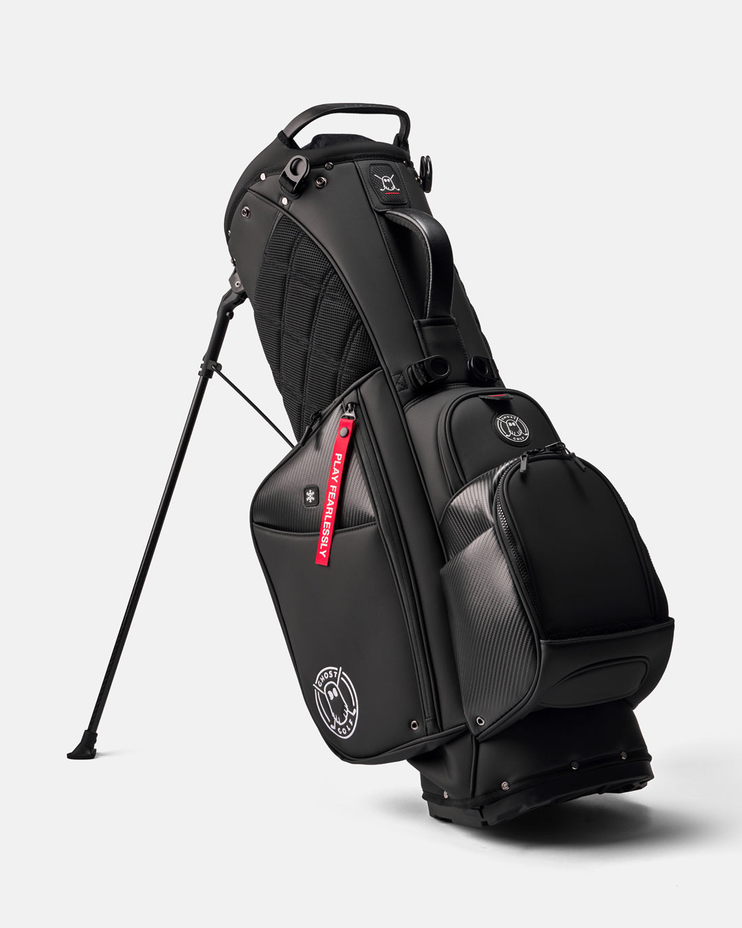 GHOSTGOLF Anyday Ronin golf bag in black, standing on its integrated leg stand