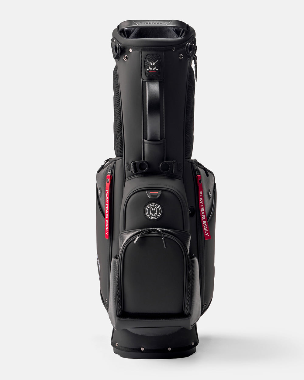 GHOSTGOLF Anyday Ronin golf bag in black, shown at a front angle with zippered pockets, an emblem Ghost Golf logo, and a red “Play Fearlessly” tag.