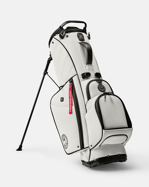 GHOSTGOLF Anyday Saya golf bag in white, standing on its integrated leg stand