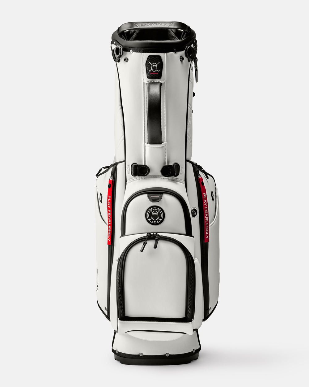 GHOSTGOLF Anyday Saya golf bag in white, shown at a front angle with zippered pockets, an emblem Ghost Golf logo, and a red “Play Fearlessly” tag.