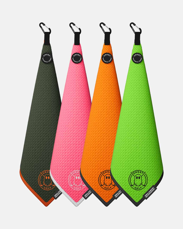 Ghost Golf 4 Greenside Towels. Colors Hot Pink, Rifle Gren, Orange and Neon Green