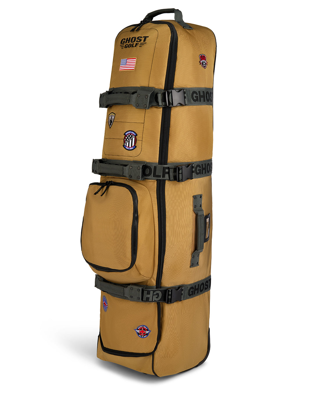 Three-quarter view of the G-Suit Secondary AWOL Travel Bag showcasing Ghost Golf embroidery across the top panel, an embroidered USA flag detail, and custom military aviation-inspired patches throughout the bag. Angled product image highlighting the premium construction, travel-ready functionality, patriotic accents, unique badge details, and signature Ghost Golf craftsmanship. #color_sand