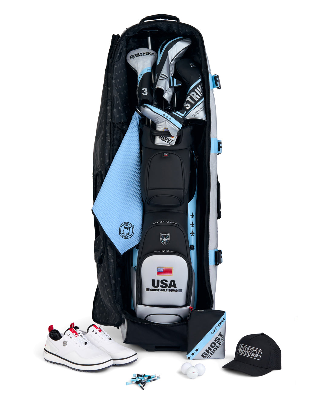 Front product shot of the Striker Primary AWOL Travel Bag showcasing a Striker golf bag and golf accessories stored inside. Clean front-facing image highlighting the spacious storage capacity, premium travel-ready design, and signature Ghost Golf craftsmanship. #color_grey