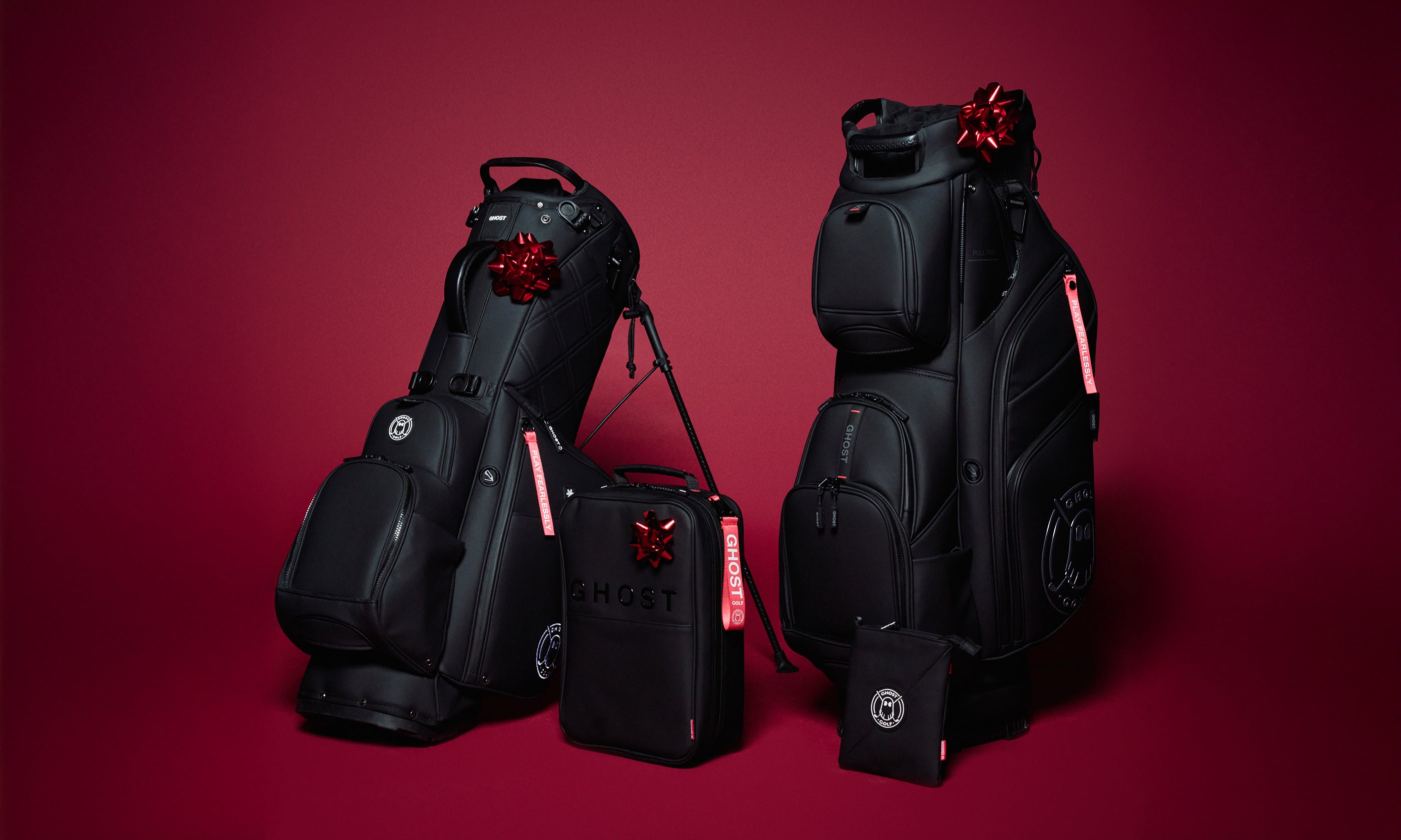 Black Golf Bags and a Shoe Bag and Pouch