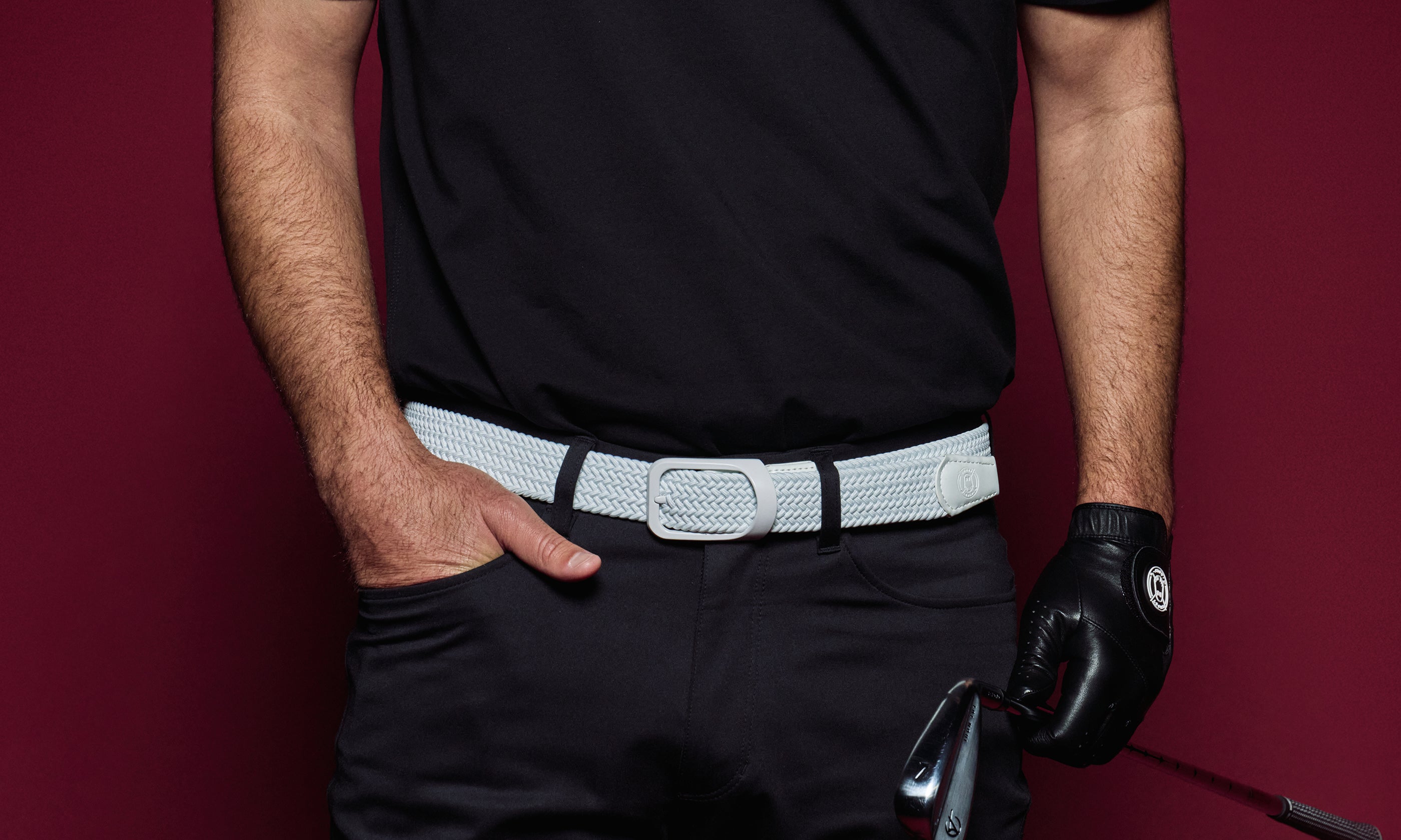 White Golf Belt on Black Pants and Shirt