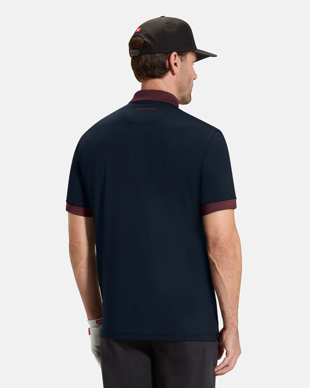 Block Polo_Top Back_Burgundy Male Model #color_burgundy