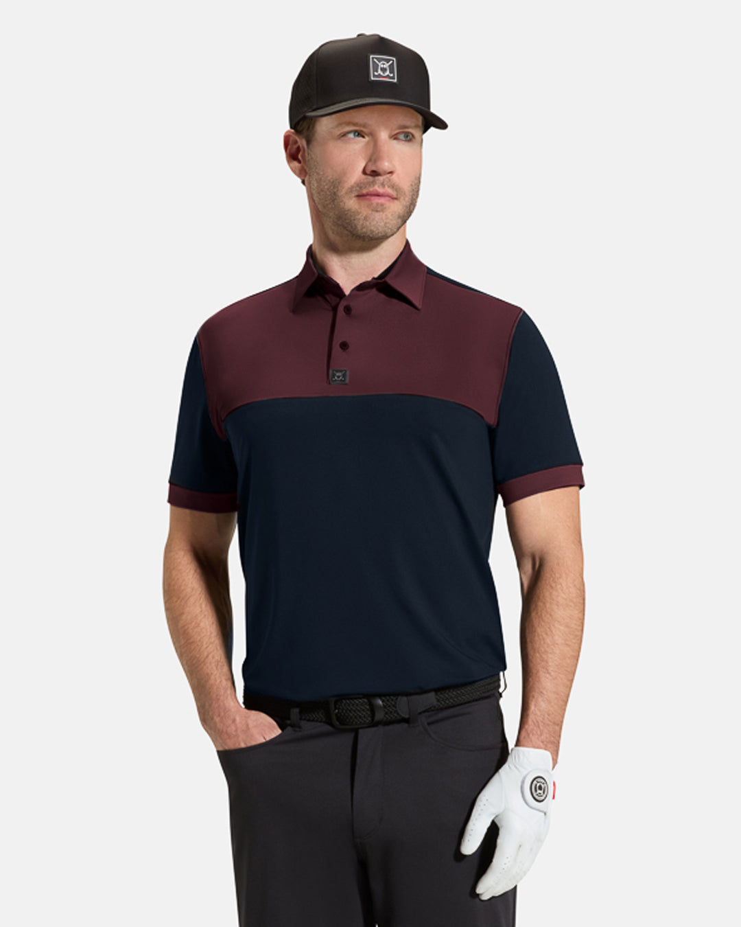 Block Polo_Top Front_Burgundy_Male Model #color_burgundy