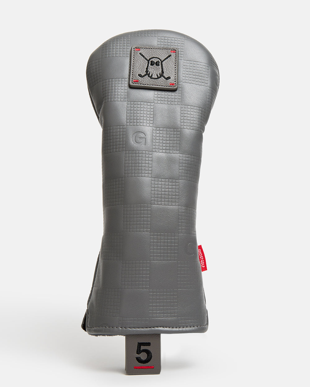 Front product view of the Debossed Grey Checkered 5-Wood Head Cover featuring a square Ghost Golf icon patch on the top, a black number "5" on the front bottom, and a debossed checkered pattern throughout with the Letter G in one of the squares. #size_5-wood