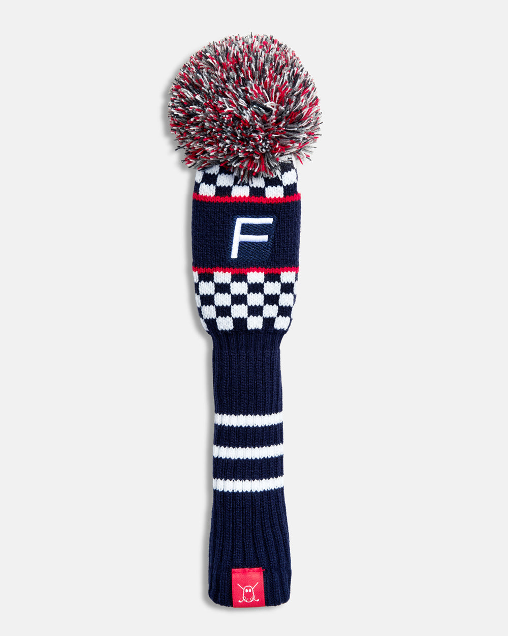 Front product shot of the Navy Checkered Fairway Knit Head cover in navy, featuring a checkered knit pattern and an embroidered letter "F" at the top. #size_fairway