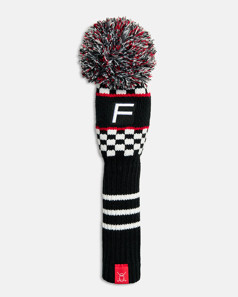 Front product shot of the White Checkered Fairway Knit Head cover in white, featuring a checkered knit pattern and an embroidered letter "F" at the top. #size_fairway