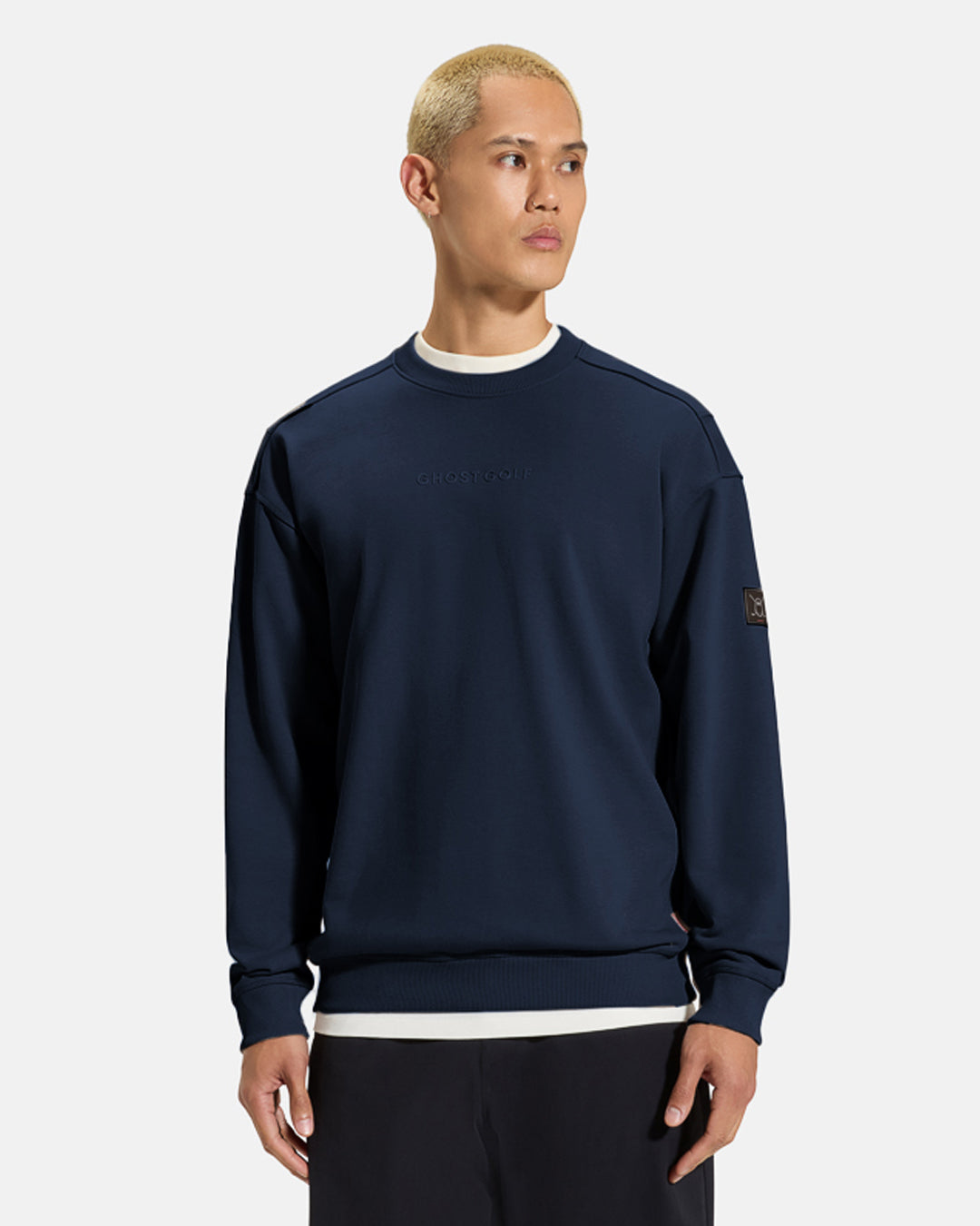 Clubhouse_Crewneck_Full_Body_Navy_Closeup_Front_Male Model_ #color_navy
