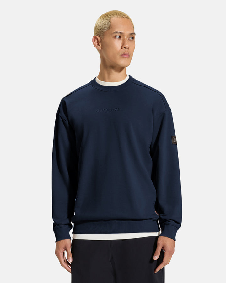 Clubhouse_Crewneck_Full_Body_Navy_Closeup_Front_Male Model_ #color_navy