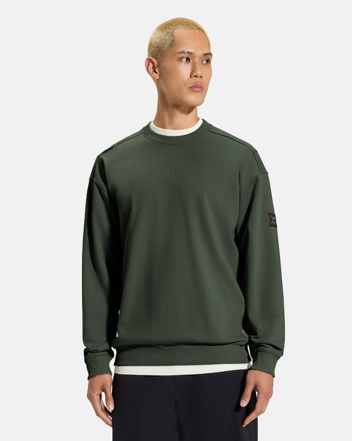 Clubhouse_Crewneck_Full_Body_Olive_Closeup_Front_Male Model #color_olive