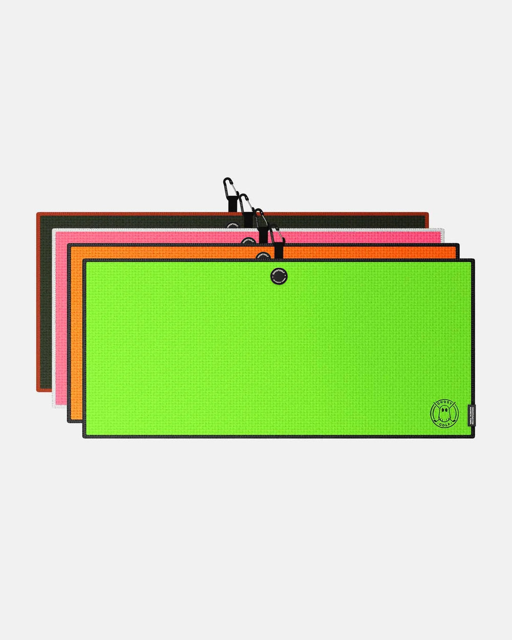 Product shot of 4 Pack Country Club Ghost Golf Magnetic Caddie Towel with emblem logo on bottom right corner and carabiner clip at the top in rifle green hot pink orange and neon green