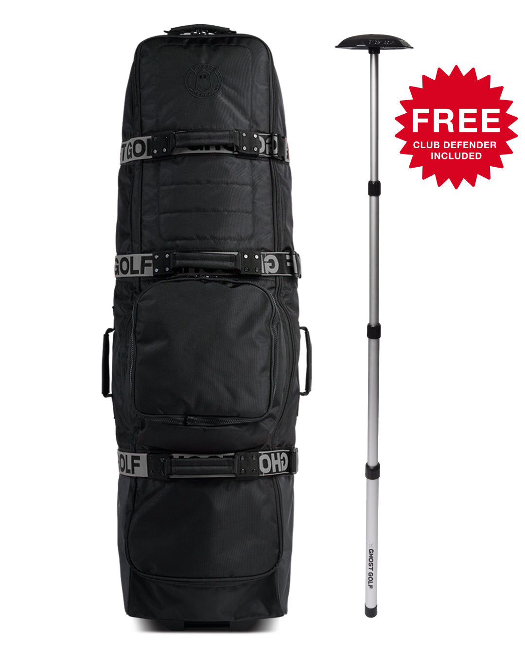 Golf Travel Bag .  Black with Grey Nylon strap Webbing - Free Club Defender Included call out. #color_grey-strap