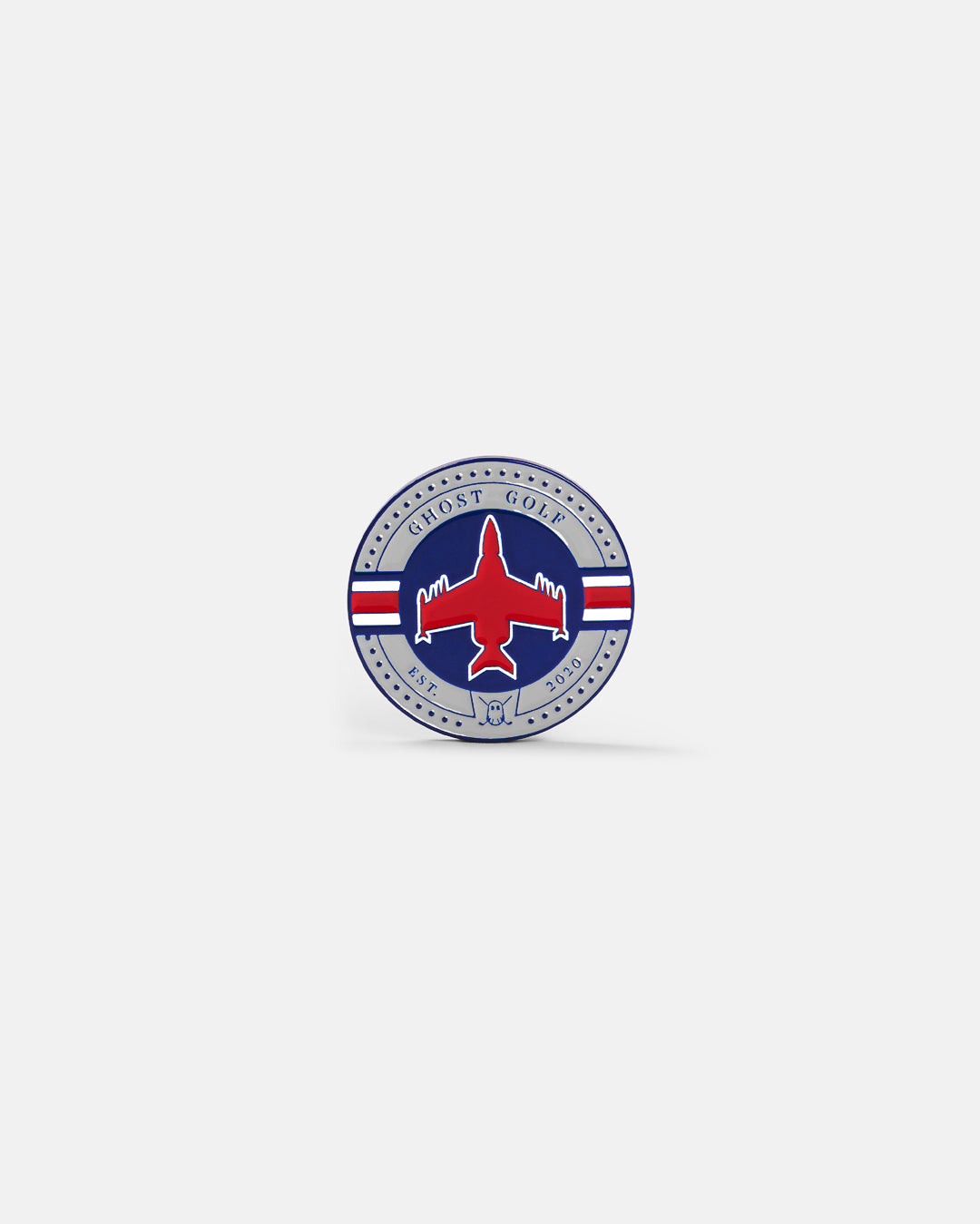 Product photo of a circular ball marker featuring a fighter jet design, with red, white, and blue accents, and the Ghost Golf name and logo.