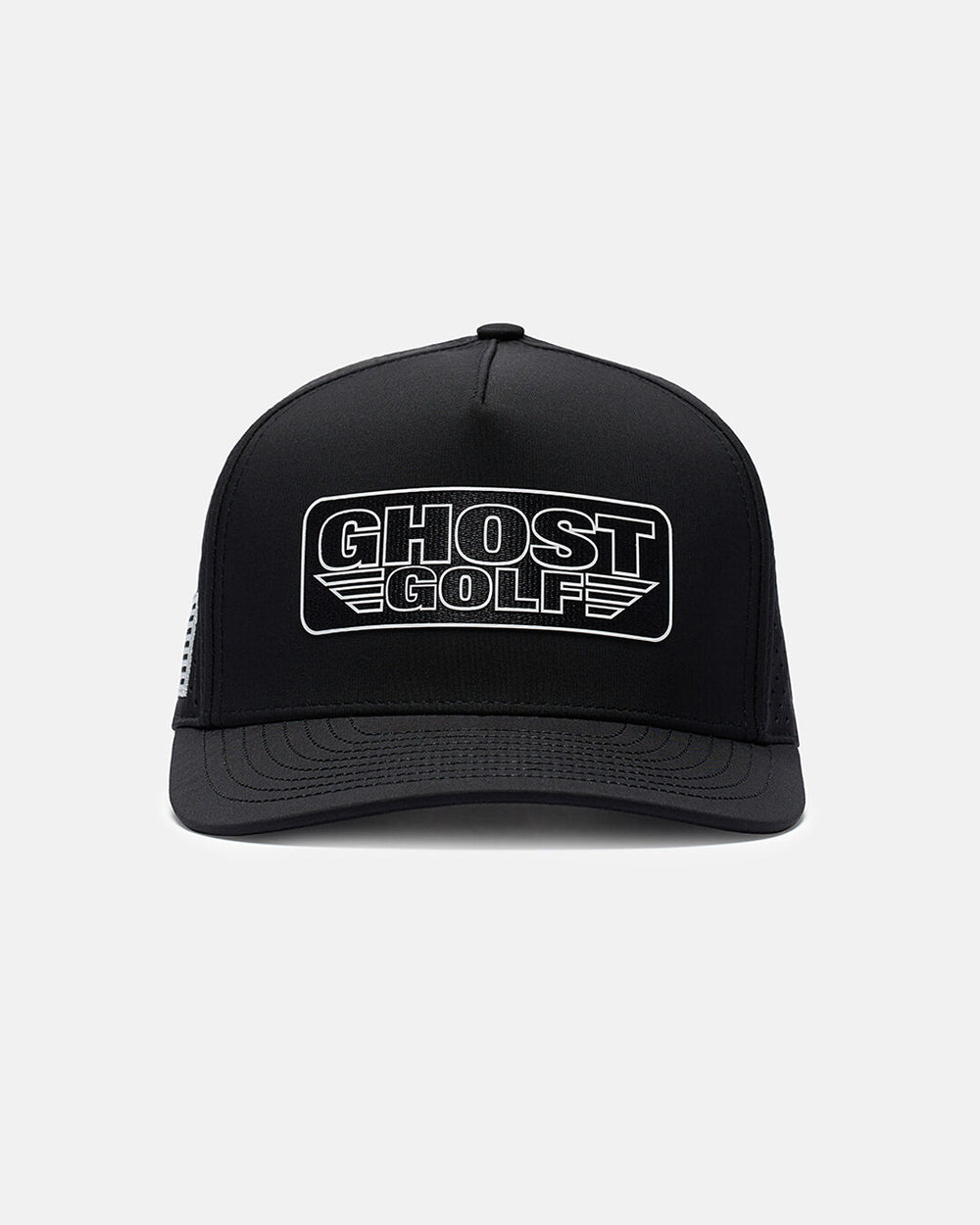 Front View Product Photo of Black Flight Hat With Ghost Golf Patch in Center #color_black