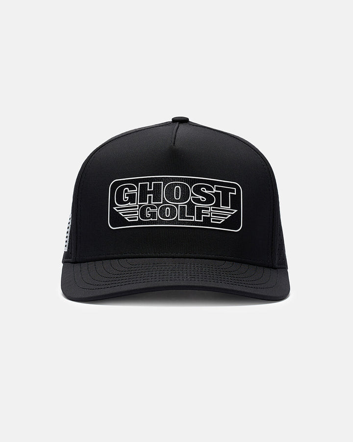 Front View Product Photo of Black Flight Hat With Ghost Golf Patch in Center #color_black