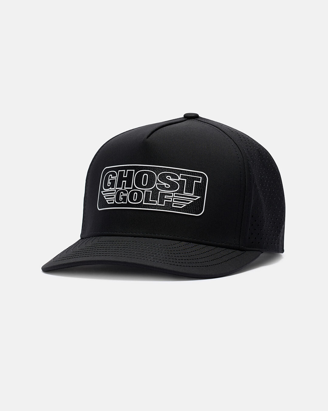 Side View Product Photo of Black Flight Hat With Ghost Golf Patch in Center #color_black