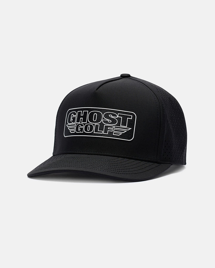 Side View Product Photo of Black Flight Hat With Ghost Golf Patch in Center #color_black