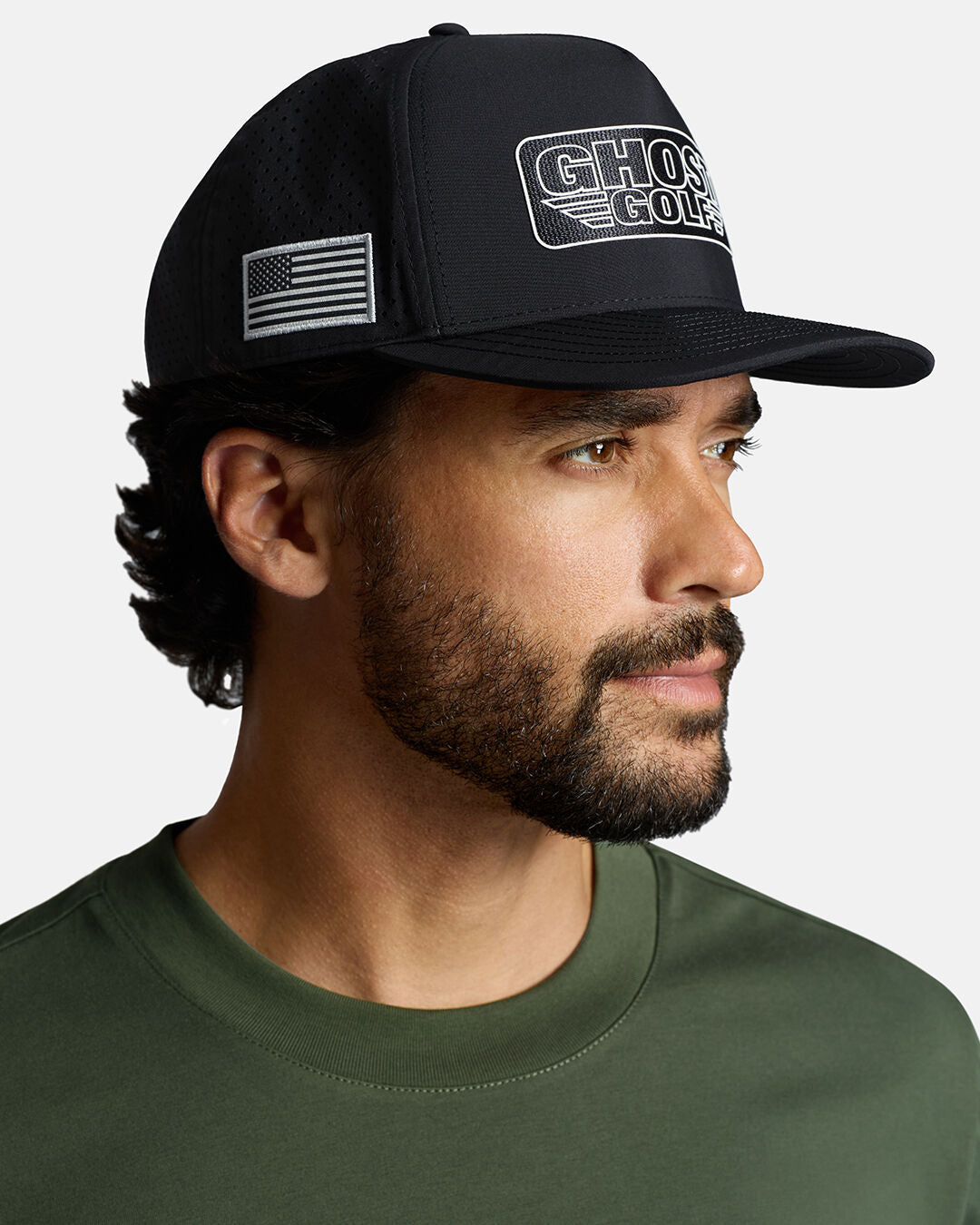 White Male Model Wearing Black Flight Logo Hat wearing green t-shirt #color_black