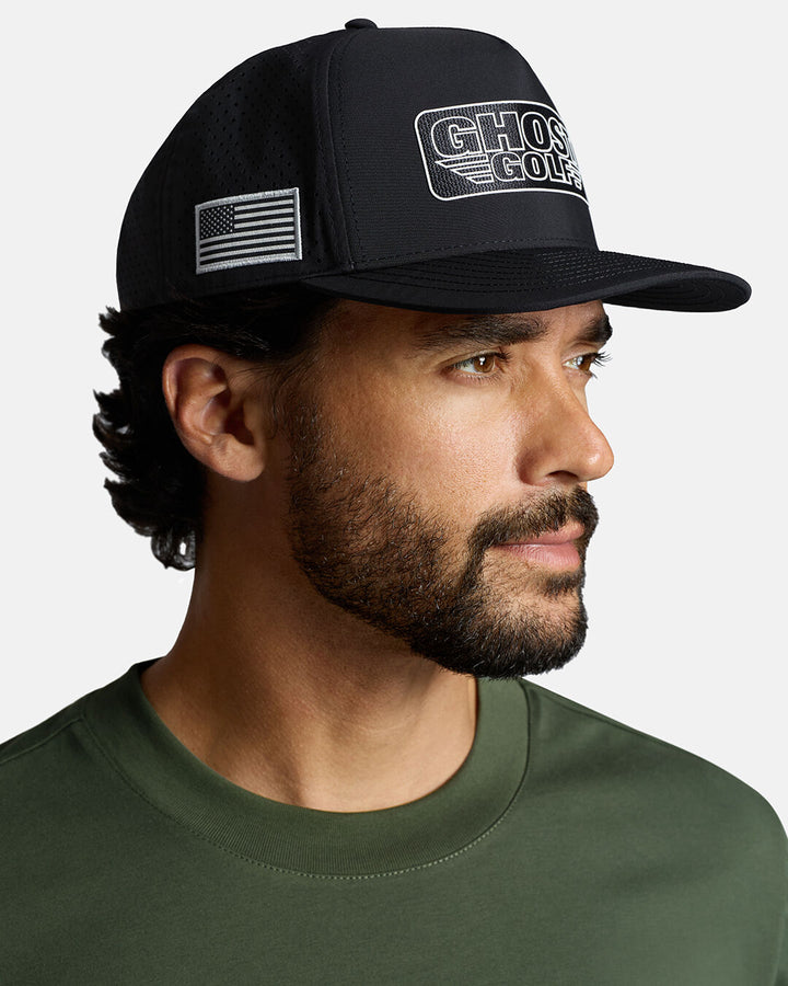 White Male Model Wearing Black Flight Logo Hat wearing green t-shirt #color_black