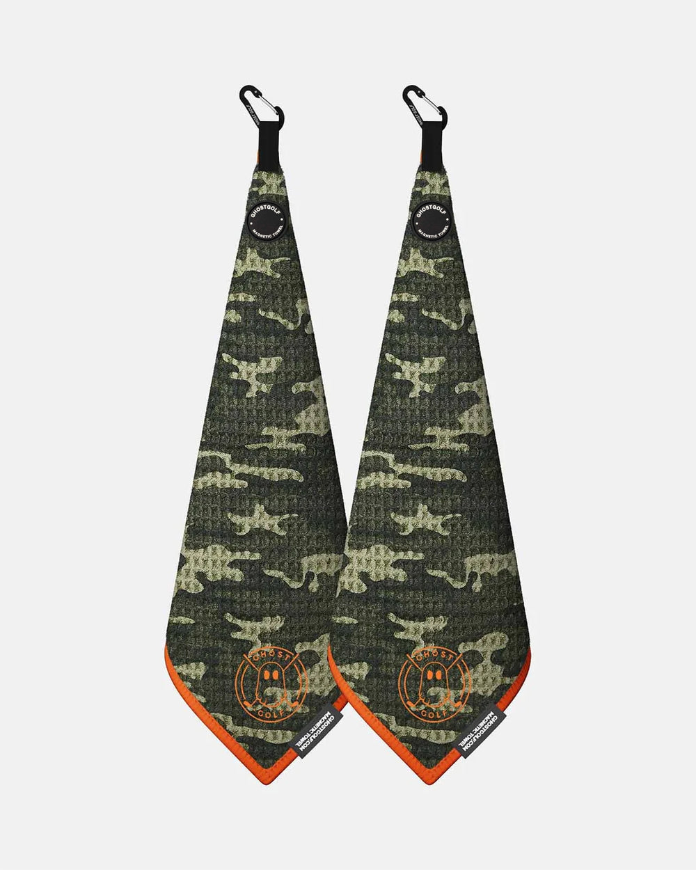 Product shot of 2 Pack Forest Camo Ghost Golf Magnetic Greenside Towel with emblem logo near the bottom and carabiner clip at the top #color_forest-camo