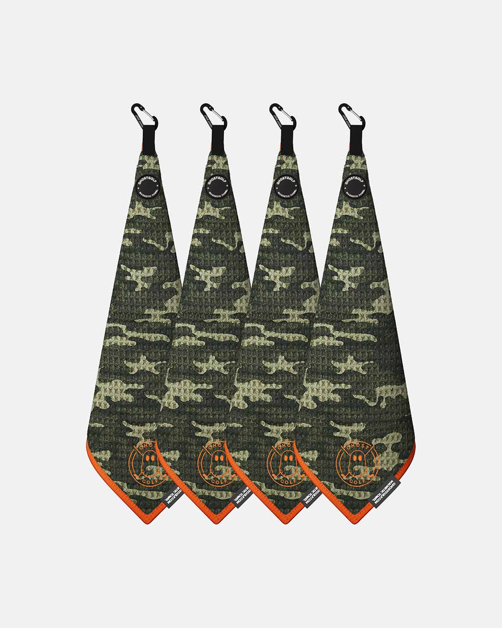 Product shot of 4 Pack Forest Camo Ghost Golf Magnetic Greenside Towel with emblem logo near the bottom and carabiner clip at the top #color_forest-camo
