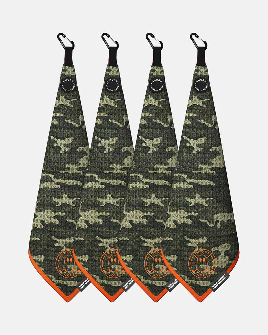 4 Ghost Golf Greenside towels with Magnet Patch and Carabiner. Color Forest Camo