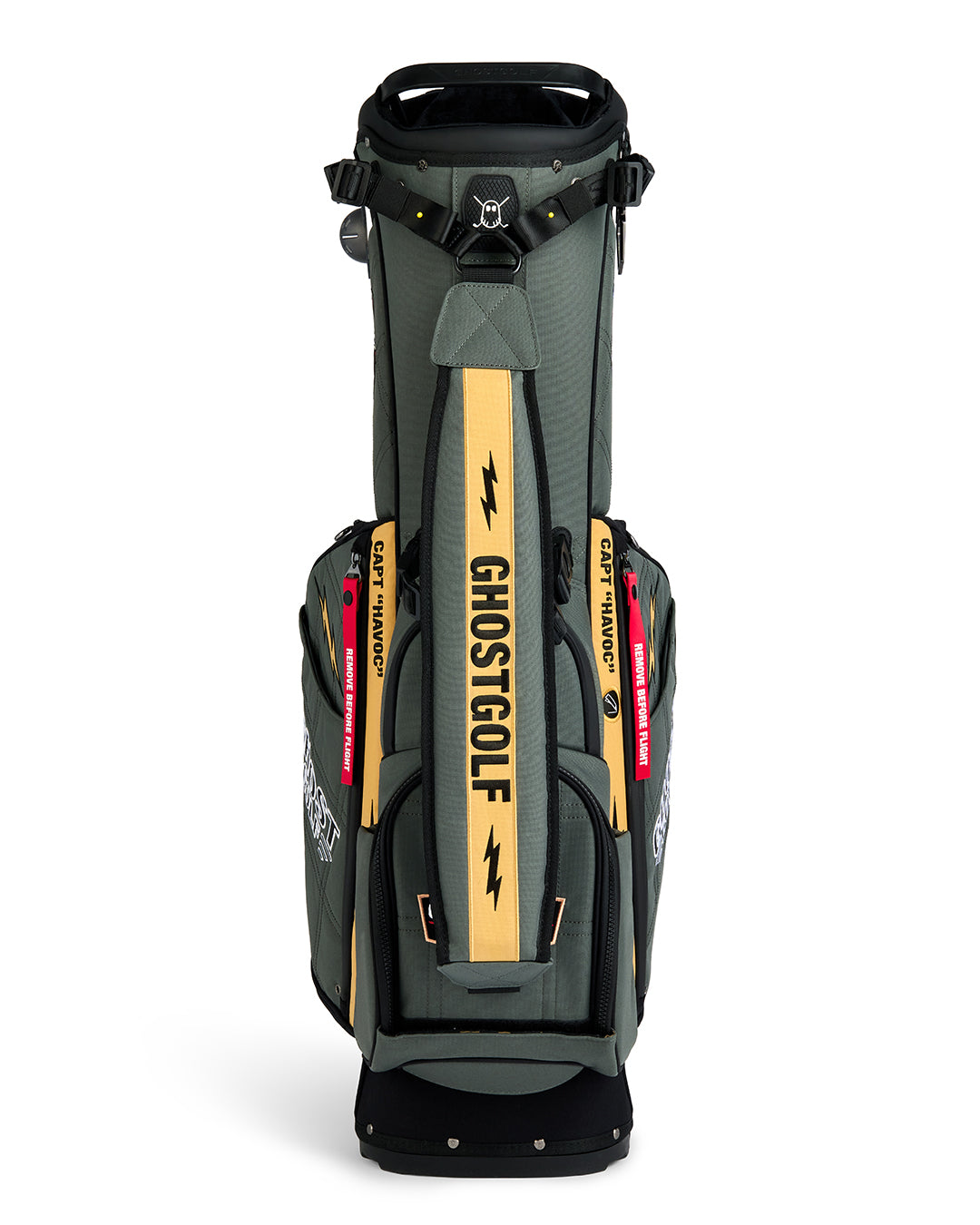Front Product Shot of G-Suit Anyday Bag with Ghost Golf Embroidered on Ball Pocket. Showcasing Shoulder Strap