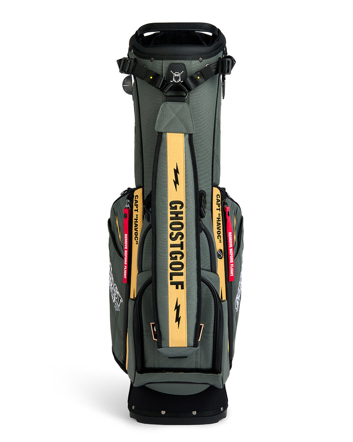 Front Product Shot of G-Suit Anyday Bag with Ghost Golf Embroidered on Ball Pocket. Showcasing Shoulder Strap