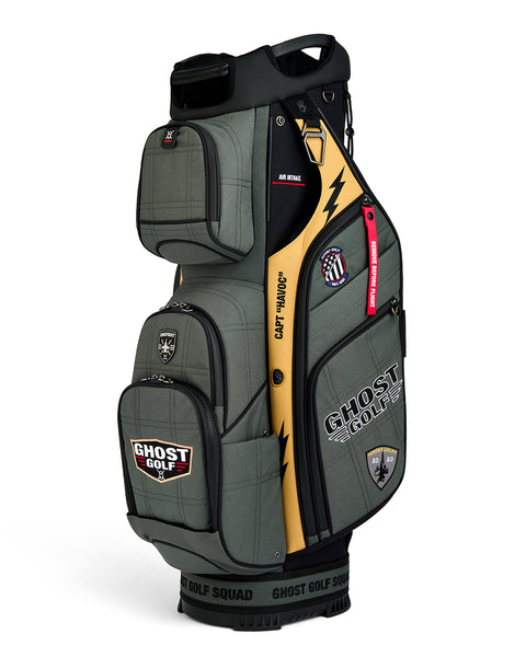Right Three Quarter View product shot of the G-Suit GT-14 Cart Bag showcasing embroidered Ghost Golf branding on the front. Clean front-facing image highlighting the premium construction, refined detailing, ample storage features, and signature Ghost Golf craftsmanship.