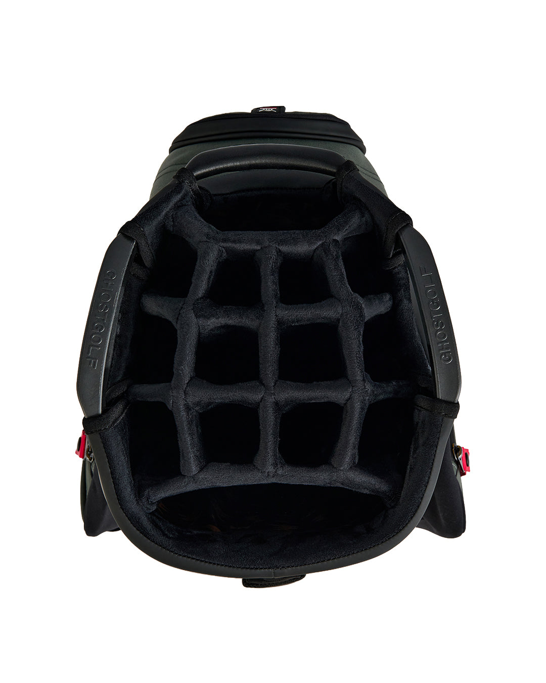 Top view of the G-Suit GT-14 Cart Bag showcasing premium velvet-lined club dividers. Overhead product image highlighting the organized divider layout, protective interior construction, and spacious club organization system designed to safeguard golf clubs during transport and play.