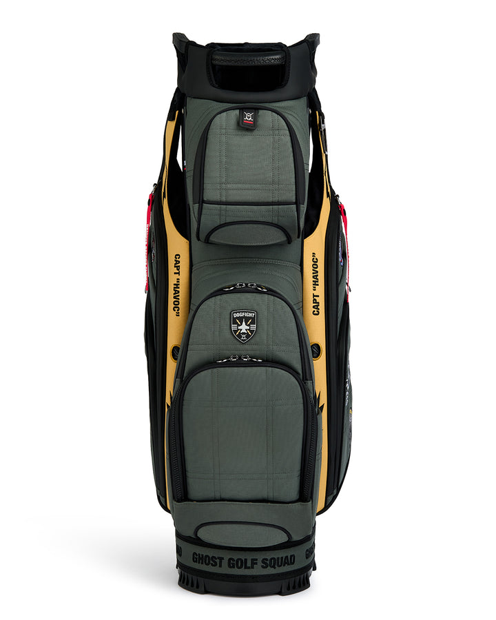 Front product shot of the G-Suit GT-14 Cart Bag. Clean front-facing image highlighting the premium construction, refined detailing, ample storage features, and signature Ghost Golf craftsmanship.