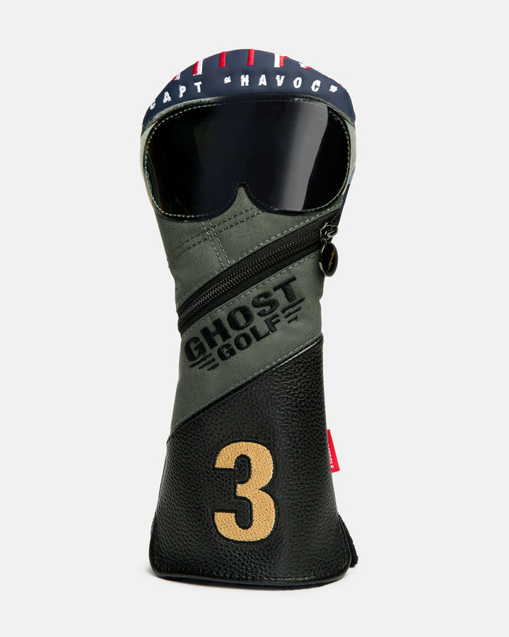Front product shot of the G-Suit Primary 3 Wood Head Cover designed to resemble an aviation pilot helmet. Features "Captain Havoc" embroidery across the top of the helmet, the Ghost Golf logo embroidered in the center, and an embroidered number "3" at the bottom. Front-facing image highlighting the unique aviation-inspired design, premium embroidery, and signature Ghost Golf craftsmanship. #size_3-wood