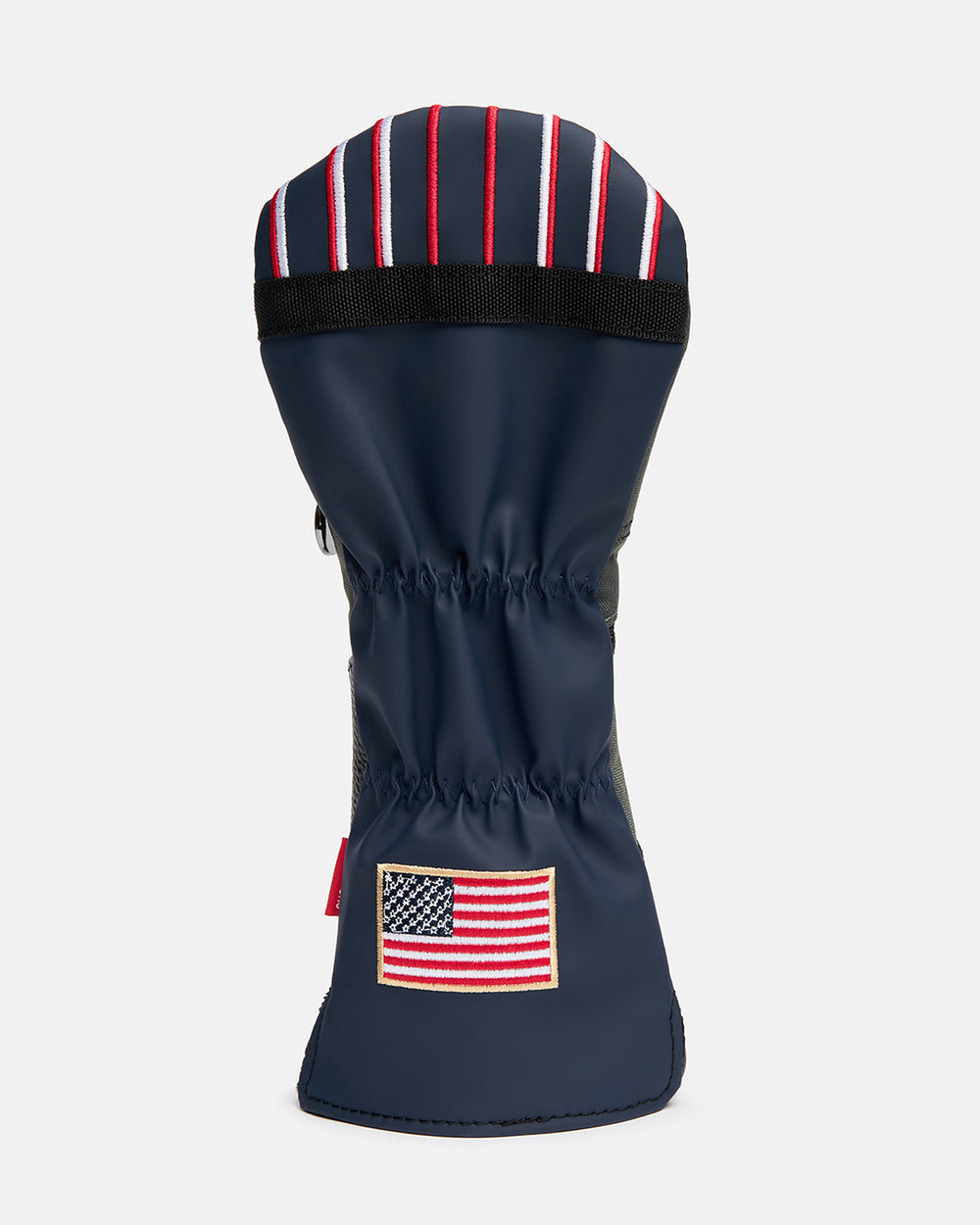 Back product shot of the G-Suit Primary 3 Wood Head Cover featuring an embroidered USA flag on the lower back panel. Rear-facing image highlighting the premium embroidery, aviation-inspired design, patriotic detailing, and signature Ghost Golf craftsmanship. #size_driver