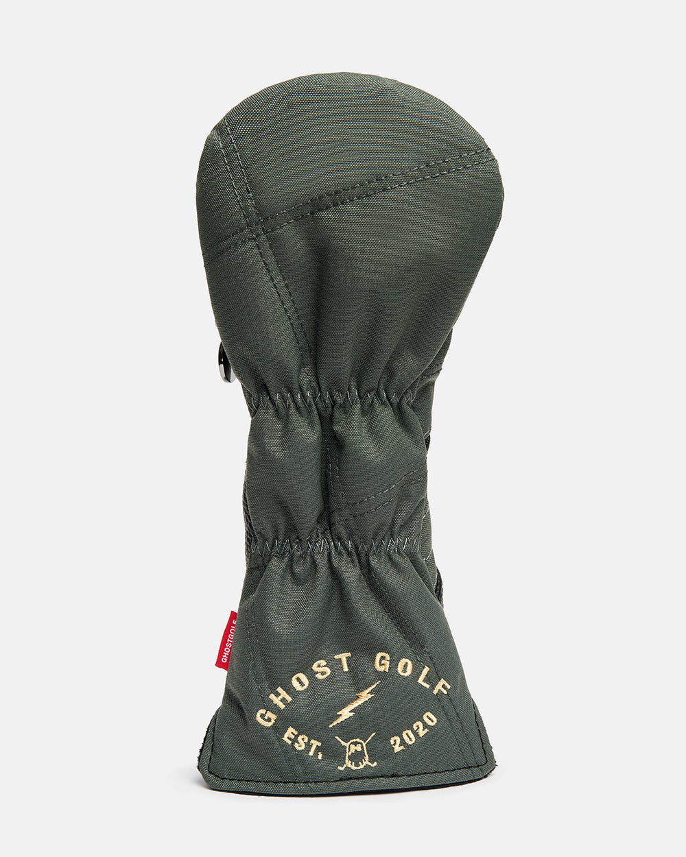 Back product shot of the G-Suit Secondary 5 Wood Head Cover showcasing the Ghost Golf logo embroidered on the lower back panel. Rear-facing image highlighting the premium embroidery, clean design details, and signature Ghost Golf branding with military aviation-inspired styling. #size_driver