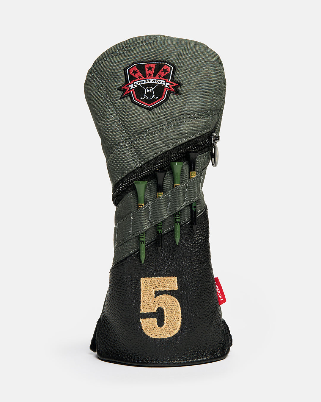 Front product shot of the G-Suit Secondary 5 Wood Head Cover featuring the Ghost Golf logo embroidered at the top and an embroidered number "1" at the bottom. The cover includes integrated golf tee holders on the front, combining functional storage with premium design. Front-facing image highlighting the detailed embroidery, aviation-inspired styling, and signature Ghost Golf craftsmanship. #size_5-wood